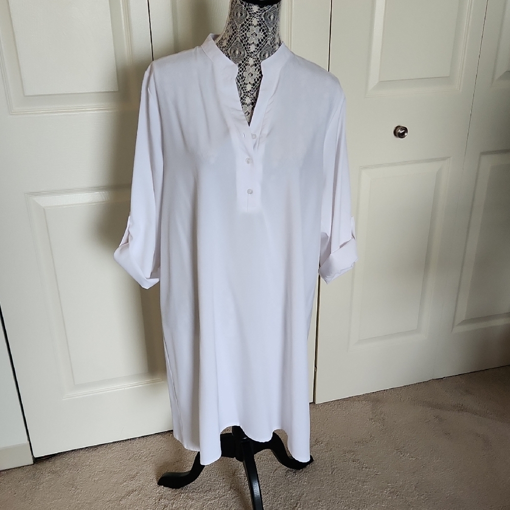 White Casual Button Down Dress with Mandarin Collar